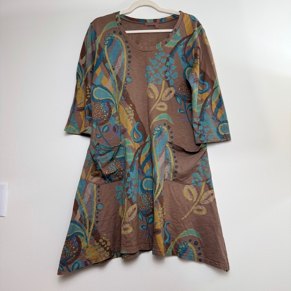 Fresh Produce Women's Brown Abstract Floral Slub Cotton Pockets Tunic Top M